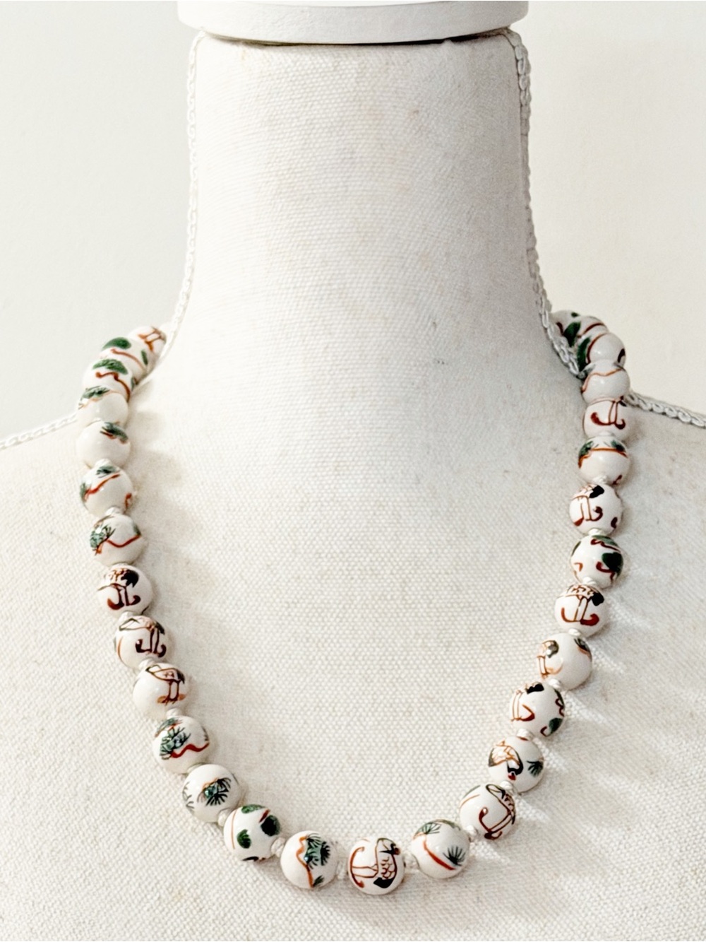 VINTAGE Chinese Hand-Painted Porcelain Bead Necklace Phoenix & Pine Tree Motif